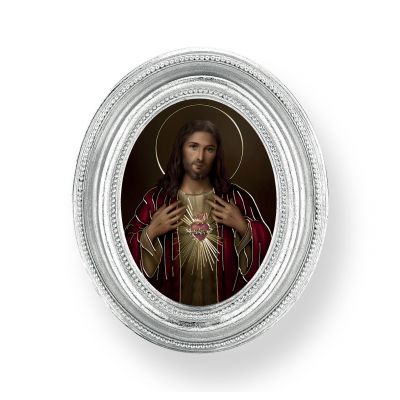 Sacred Heart Of Jesus Gold Stamped Print In Oval Silver Leaf Frame 2Pk -  - 451S-115