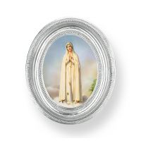 Our Lady of Fatima Gold Stamped Print In Oval Silver Leaf Frame -