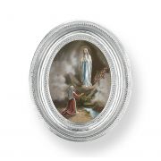 Our Lady of Lourdes Gold Stamped Print In Oval Silver Leaf Frame -