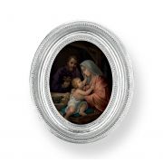 Holy Family Gold Stamped Print In Oval Silver Leaf Frame  -