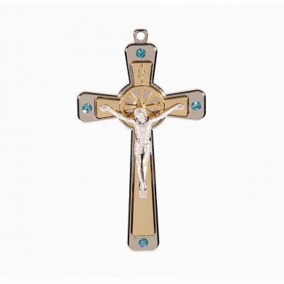 5" Two Tone Nickel Cross With Light Blue Crystal Stone -  - 2161LB
