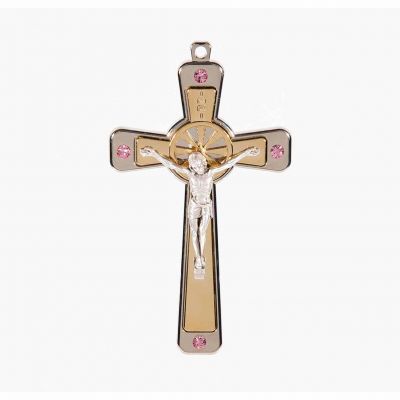 5" Two Tone Nickel Cross With Pink Crystal Stone -  - 2161PK