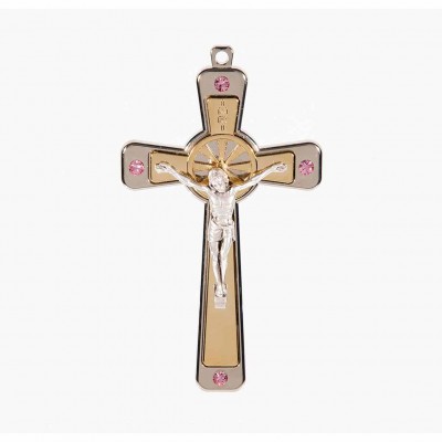 5" Two Tone Nickel Cross With Pink Crystal Stone -  - 2161PK