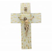 7" Gold & Silver Rays On White Glass Cross With Gold Corpus