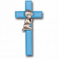7 inch Blue Wood Cross With Praying Boy Pewter Figure
