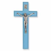 7 inch Blue Wood Cross With Silver Corpus