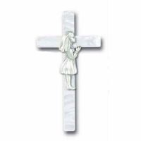 7 inch Pearlized Cross w/Antiqued Pewter First Communion Girl