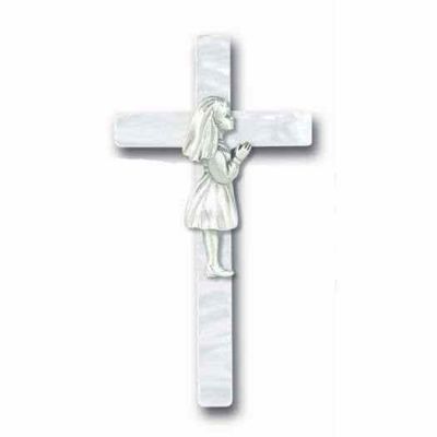 7 inch Pearlized Cross w/Antiqued Pewter First Communion Girl - 846218054813 - 83G-7WP