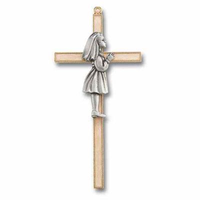 7 inch Pearlized Gold Plated First Communion Cross w/Pewter Girl - 846218029781 - 82G-7G9