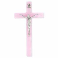 7 inch Pearlized Pink Cross With Fine Pewter Corpus