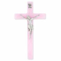 7 inch Pearlized Pink Cross With Pewter Corpus