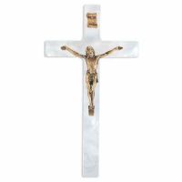 7 inch Pearlized White Cross With Antiqued Gold Corpus