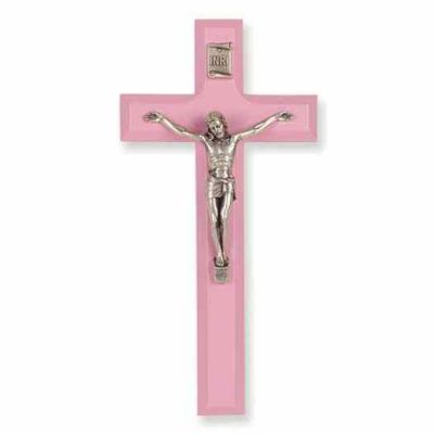 7 inch Pink Wood Cross With Antique Silver Corpus - 846218023642 - 41A-7P1