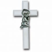 7 inch White Cross with Genuine Pewter Praying Boy Figure