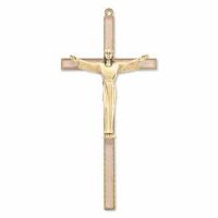 7 inch White Inlayed Gold Cross With Antiqued Gold Risen Christ Corpus