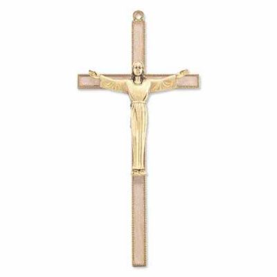 7 inch White Inlayed Gold Cross With Antiqued Gold Risen Christ Corpus - 846218070110 - 31M-7G9