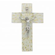 7in. Gold & Silver Rays On White Glass Cross With Pewter Corpus