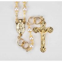 7mm White Pearl Glass Bead Gold Wedding Ring Rosary/Grey Velvet Box