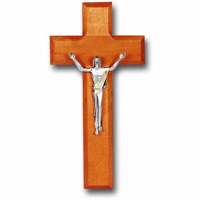 8 inch Cherry Wood Cross With Antique Silver (Giglio) Figure - 846218028357 - 30A-8C1