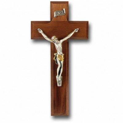 8 inch Walnut Cross With Silver (Giglio) Corpus w/Gold Highlights - 846218023970 - 32A-8W1