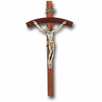 8 inch Walnut Cross With Silver (Giglio) Corpus with Gold Highlights - 846218023932 - 32A-8W3