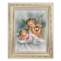 Angel With Lantern - Detailed Scroll Carvings Silver Frame -
