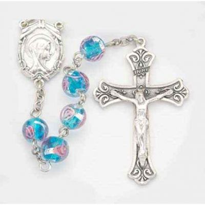 8mm Blue Venetian Glass Encased Rose Bead Rosary - 846218072756 - 1182BL