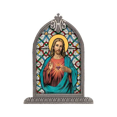 Sacred Heart Textured Italian Art Glass In Arched Frame -  - SG830-101