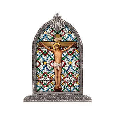 Crucifixion Textured Italian Art Glass In Arched Frame -  - SG830-145