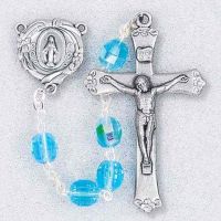 Aqua Step Cut Round Bead Rosary