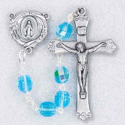Aqua Step Cut Round Bead Rosary - 846218021419 - 298AQ