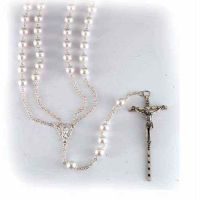 Imitation Pearl Lasso Wedding Rosary with Silver Plated Chain 36"