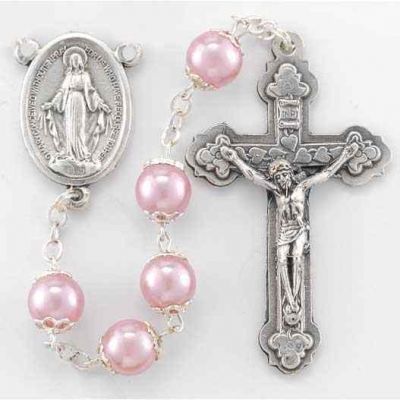 Rose Faux Pearl Double Capped Round Bead Rosary - 846218071001 - 109RO