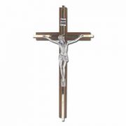 Walnut Finish Brass Inlay Cross With Antiqued Silver Plated Corpus