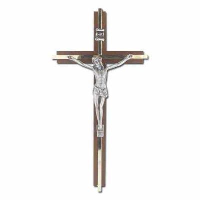 Walnut Finish Brass Inlay Cross With Antiqued Silver Plated Corpus - 846218070400 - 411A-10W24
