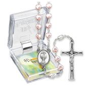 6mm Pink Pearlized Heart Shaped and White Bead Rosary with Chalice Centerpiece and Italian Crucifix, Boxed