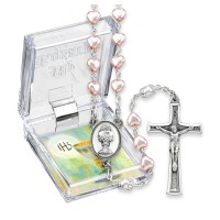 6mm Pink Pearlized Heart Shaped and White Bead Rosary with Chalice Centerpiece and Italian Crucifix, Boxed