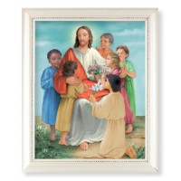 9 1/2" x 11 1/2" White Pearlescent Frame with an 8" x 10" Christ with Children Print