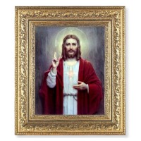 12 1/2" x 14 1/2" Ornate Gold Leaf Antique Frame with 8" x 10" Chambers: Sacred Heart of Jesus Print