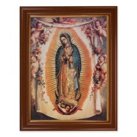 15 1/2" x 19 1/2" Walnut Finish Frame with Gold Accent and a 12" x 16" Our Lady of Guadalupe with Angels Textured Art