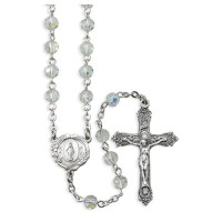 6mm Crystal Aurora Borealis Bead Rosary with a Deluxe Center and Crucifix in Grey Velvet Box