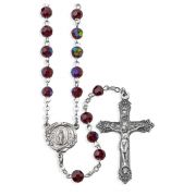 6mm Garnet Aurora Borealis Bead Rosary with a Deluxe Center and Crucifix in Grey Velvet Box