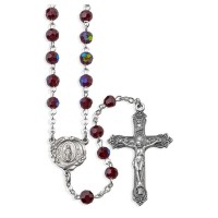 6mm Garnet Aurora Borealis Bead Rosary with a Deluxe Center and Crucifix in Grey Velvet Box 6mm Garnet Aurora Borealis Bead Rosary with a Deluxe Center and Crucifix in Grey Velvet Box