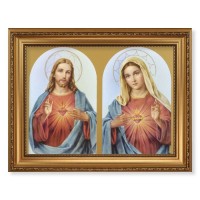 15 1/2" x 19 1/2" Antique Gold Leaf Beveled Frame with Bead Inlay and 12" x 16" Sacred Hearts Textured Art