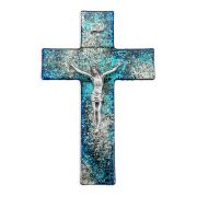 10" Blue and Silver Shimmering Glass Cross with Fine Pewter Corpus