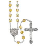 Topaz Crystal Aurora Borealis Bead Rosary with a Deluxe Center and Cross in Grey Velvet Box