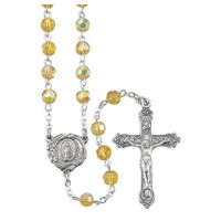 Topaz Crystal Aurora Borealis Bead Rosary with a Deluxe Center and Cross in Grey Velvet Box