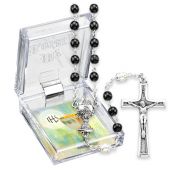 5mm Black and White Pearlized Bead Rosary with Chalice Centerpiece and Italian Crucifix, Boxed