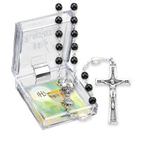 5mm Black and White Pearlized Bead Rosary with Chalice Centerpiece and Italian Crucifix, Boxed