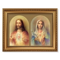 15 1/2" x 19 1/2" Antique Gold Leaf Beveled Frame with Bead Inlay and 12" x 16" Sacred Hearts Textured Art